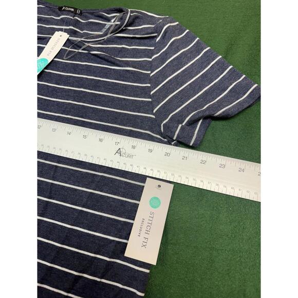 Pink Clover Top Womens L Navy White Stripe Short Sleeve Crewneck Button Back NWT - Picture 6 of 8